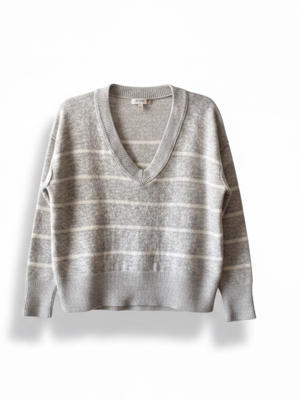 Soft V-Neck Gray Striped Women's Sweater cozy large